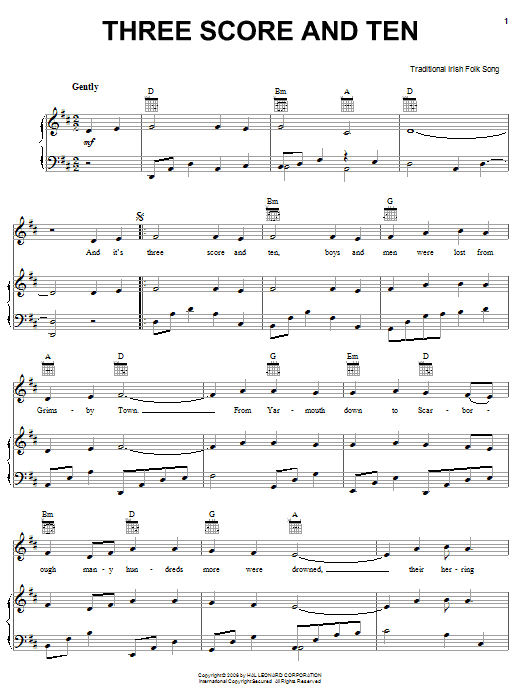 Irish Folksong Three Score And Ten sheet music notes and chords arranged for Piano, Vocal & Guitar Chords (Right-Hand Melody)