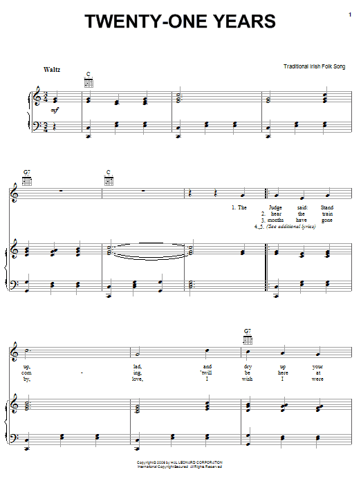 Irish Folksong Twenty-One Years sheet music notes and chords arranged for Piano, Vocal & Guitar Chords (Right-Hand Melody)
