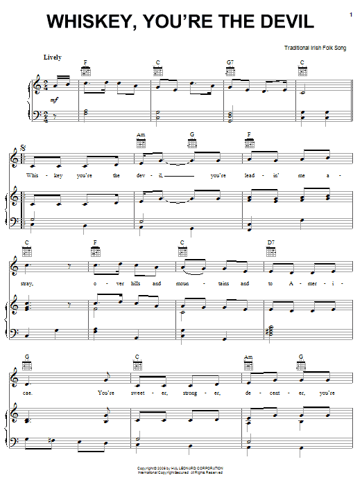 Irish Folksong Whiskey, You're The Devil sheet music notes and chords arranged for Piano, Vocal & Guitar Chords (Right-Hand Melody)