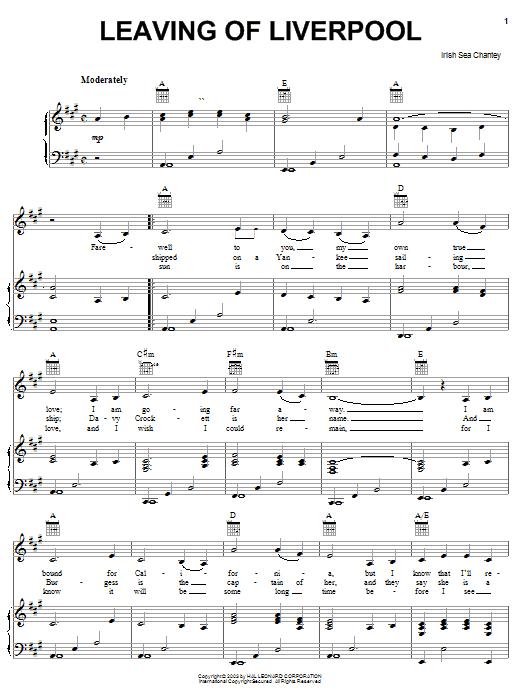Irish Sea Chanty Leaving Of Liverpool sheet music notes and chords arranged for Piano, Vocal & Guitar Chords (Right-Hand Melody)