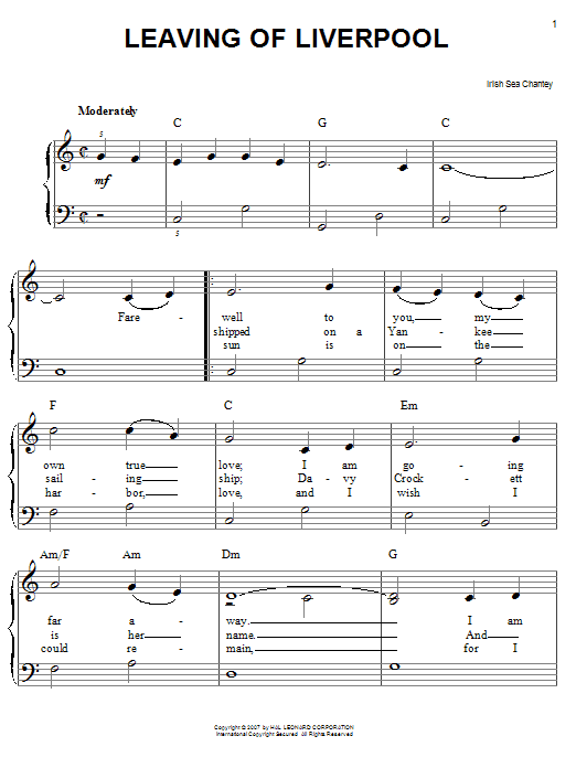 Irish Sea Shanty Leaving Of Liverpool sheet music notes and chords arranged for Easy Piano