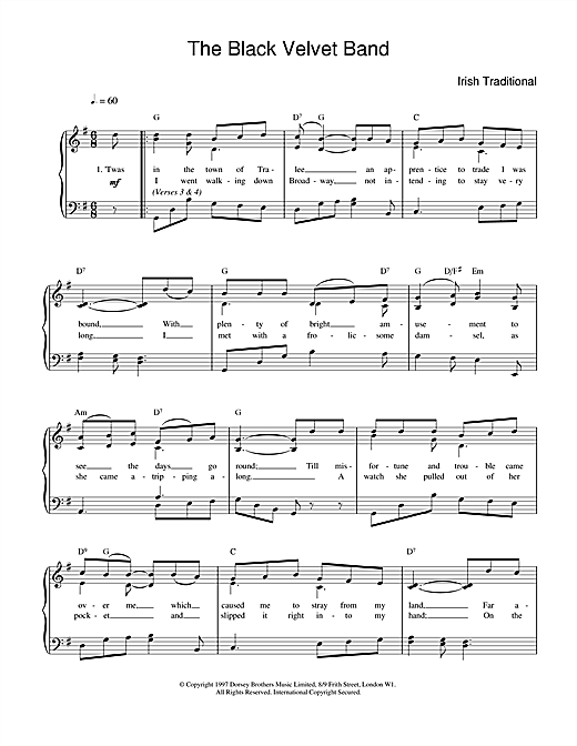 Irish Folksong The Black Velvet Band sheet music notes and chords arranged for Easy Piano