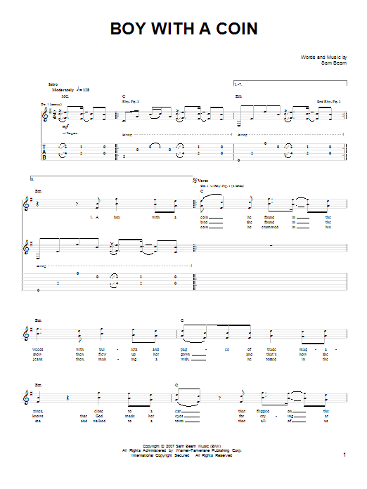 Iron & Wine Boy With A Coin sheet music notes and chords arranged for Easy Guitar