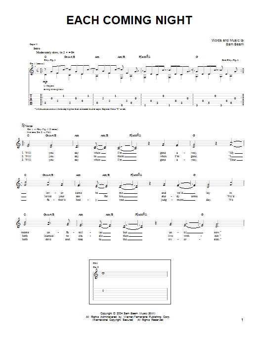 Iron & Wine Each Coming Night sheet music notes and chords arranged for Easy Guitar