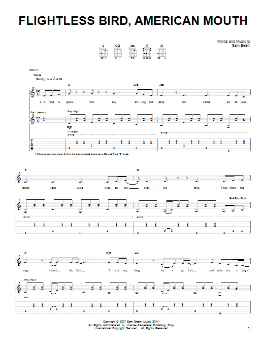 Iron & Wine Flightless Bird, American Mouth sheet music notes and chords arranged for Piano, Vocal & Guitar Chords