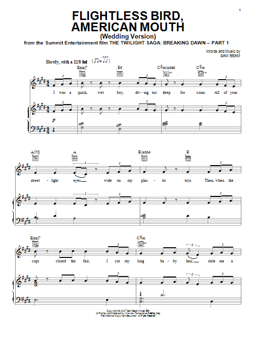 Iron & Wine Flightless Bird, American Mouth (Wedding Version) sheet music notes and chords arranged for Piano, Vocal & Guitar Chords (Right-Hand Melody)