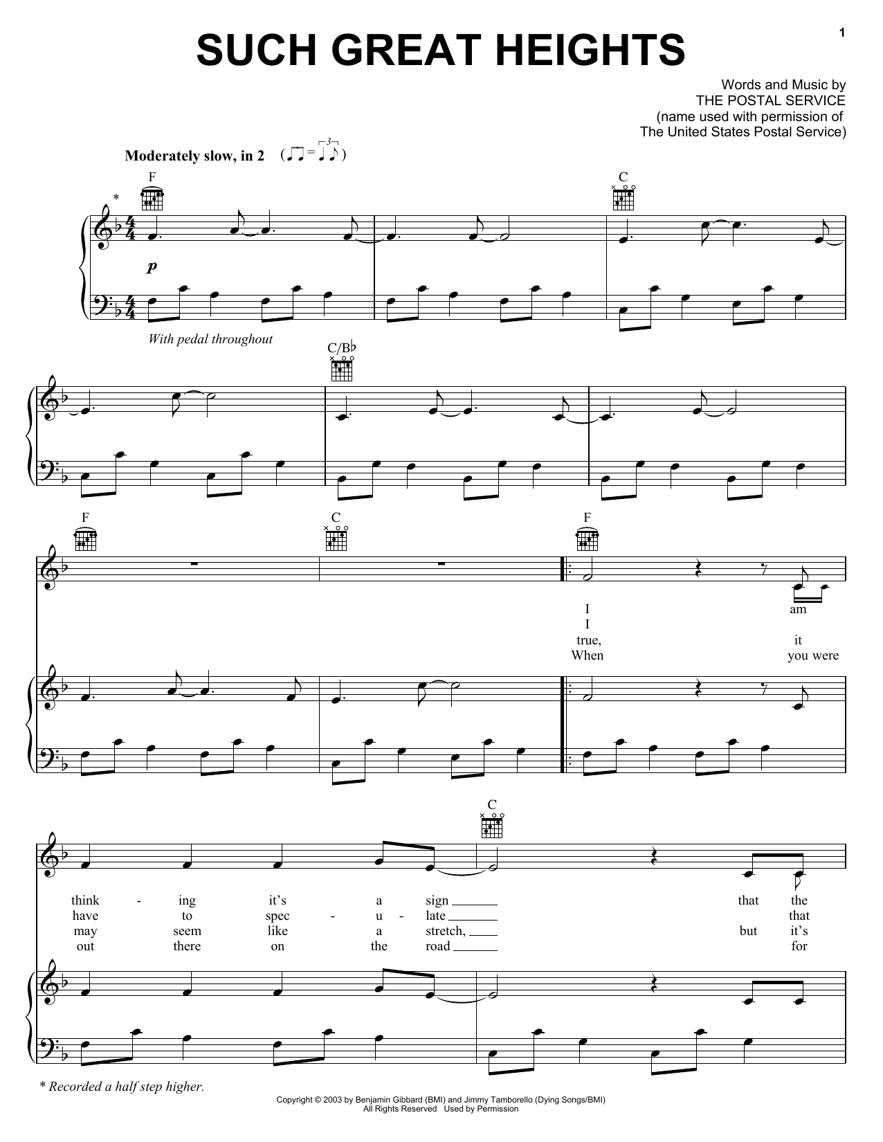 Iron And Wine Such Great Heights sheet music notes and chords arranged for Piano, Vocal & Guitar Chords (Right-Hand Melody)