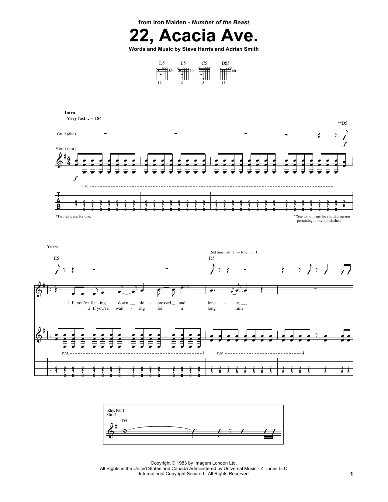 Iron Maiden 22, Acacia Ave. sheet music notes and chords arranged for Guitar Tab