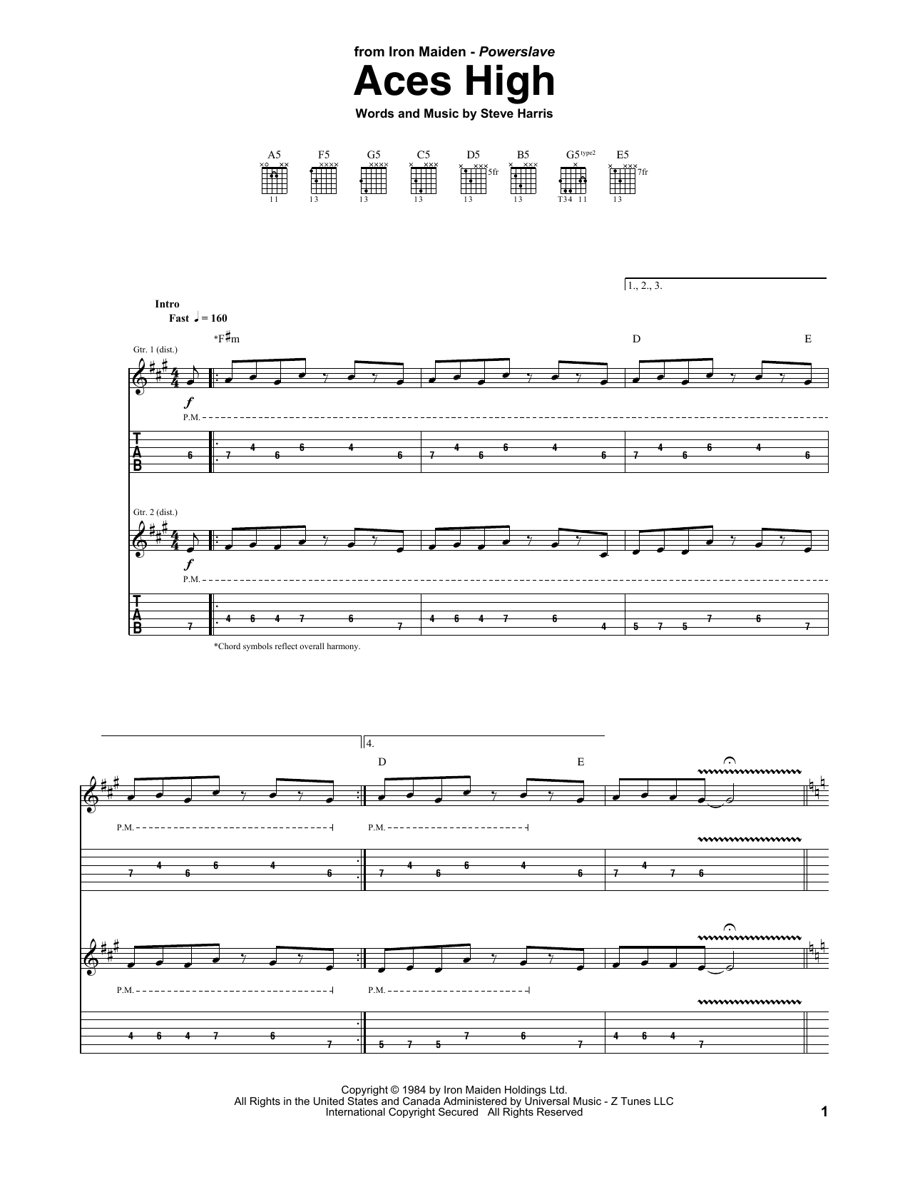 Iron Maiden Aces High sheet music notes and chords arranged for Guitar Tab