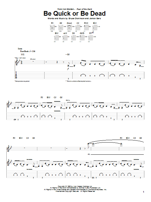 Iron Maiden Be Quick Or Be Dead sheet music notes and chords arranged for Guitar Tab