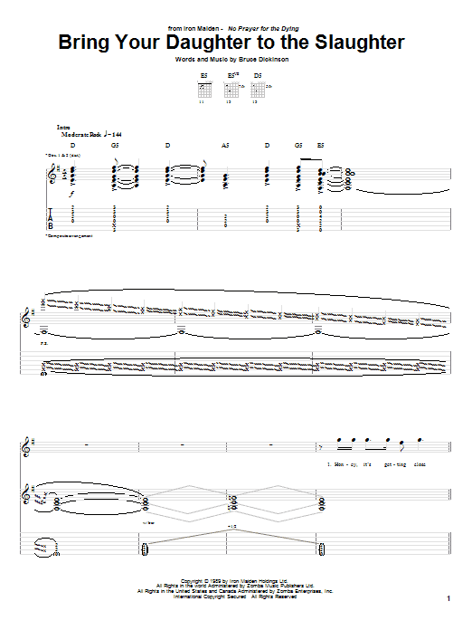 Iron Maiden Bring Your Daughter To The Slaughter sheet music notes and chords arranged for Guitar Chords/Lyrics
