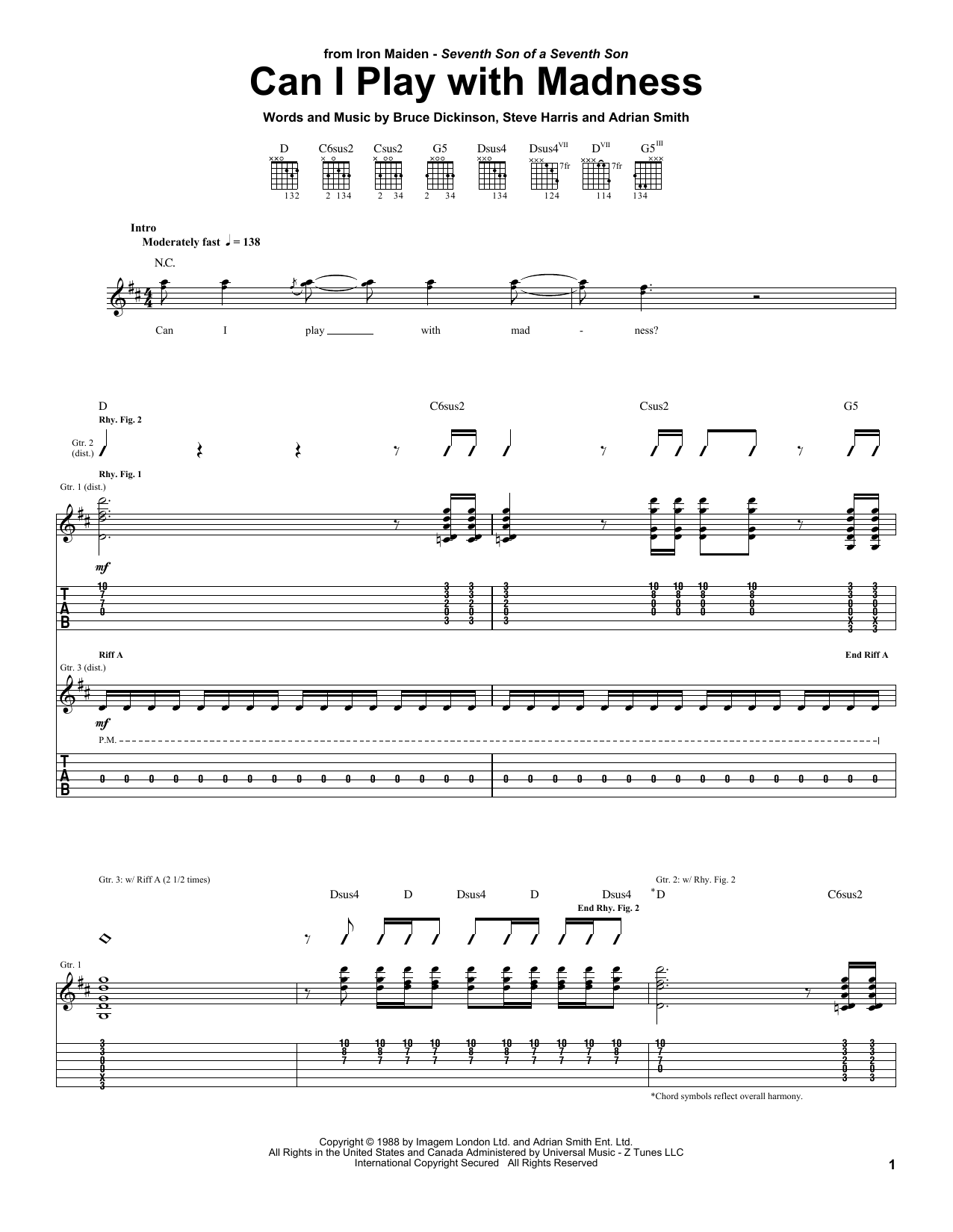 Iron Maiden Can I Play With Madness sheet music notes and chords arranged for Guitar Tab