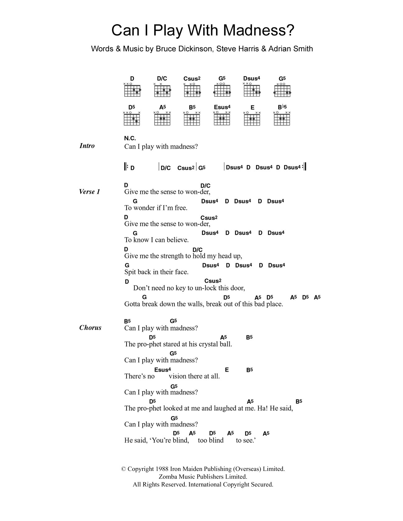 Iron Maiden Can I Play With Madness? sheet music notes and chords arranged for Guitar Chords/Lyrics