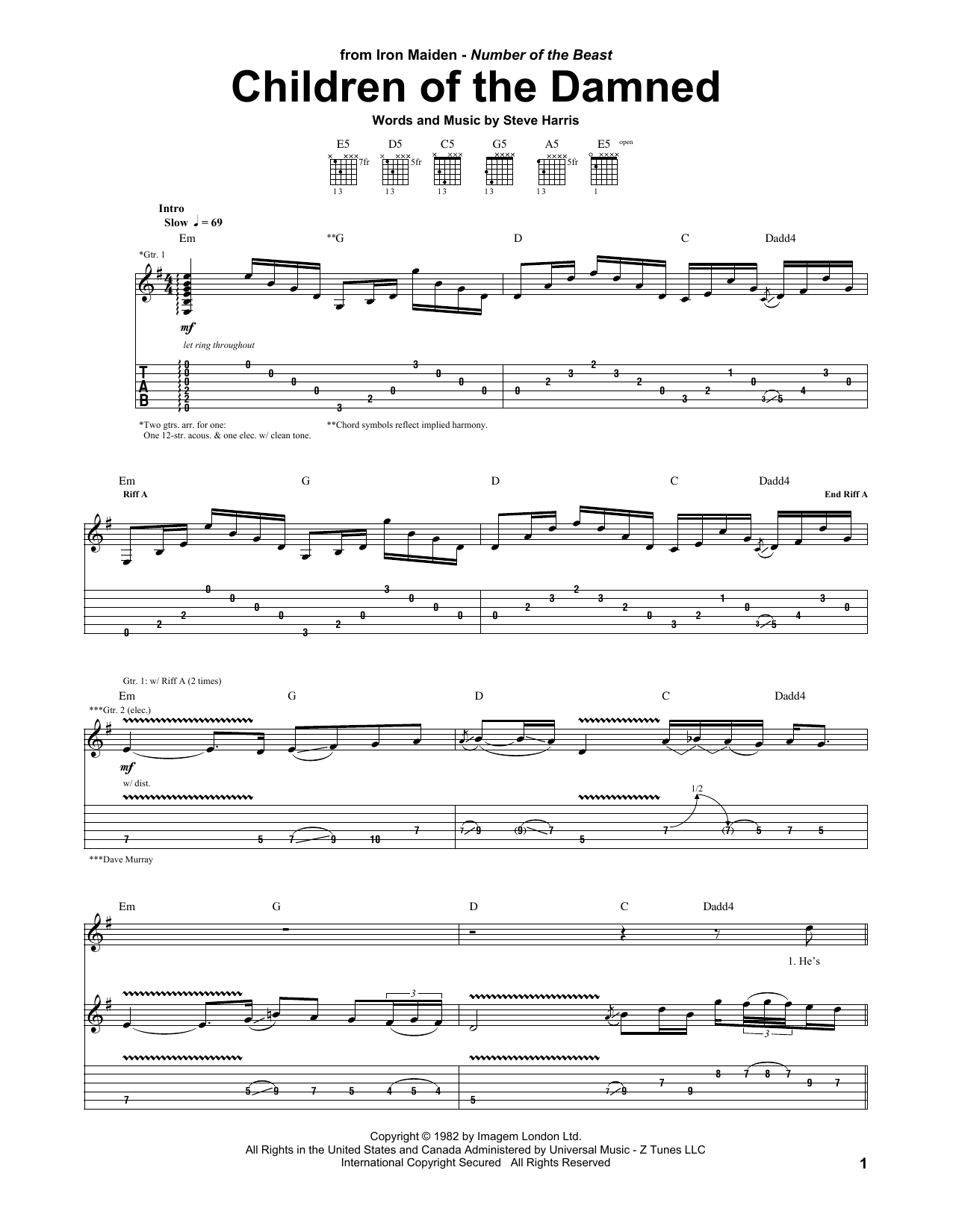 Iron Maiden Children Of The Damned sheet music notes and chords arranged for Guitar Tab