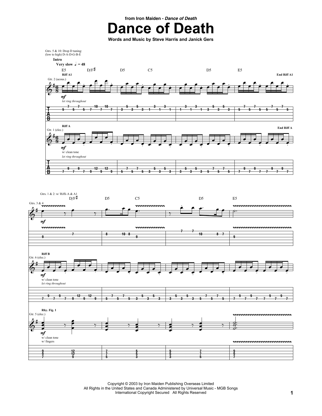 Iron Maiden Dance Of Death sheet music notes and chords arranged for Guitar Tab