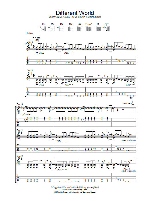 Iron Maiden Different World sheet music notes and chords arranged for Guitar Tab