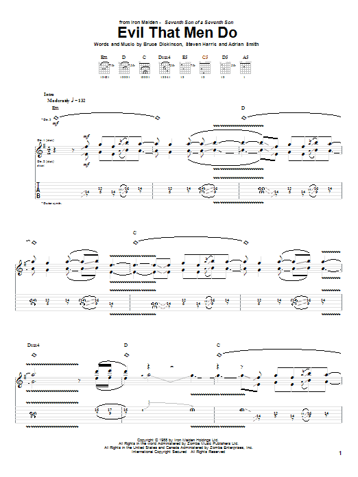 Iron Maiden Evil That Men Do sheet music notes and chords arranged for Bass Guitar Tab