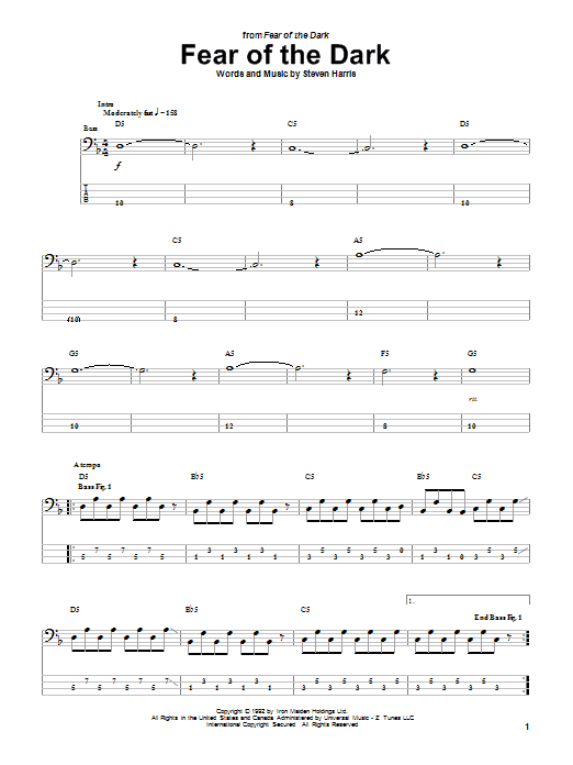 Iron Maiden Fear Of The Dark sheet music notes and chords arranged for Bass Guitar Tab