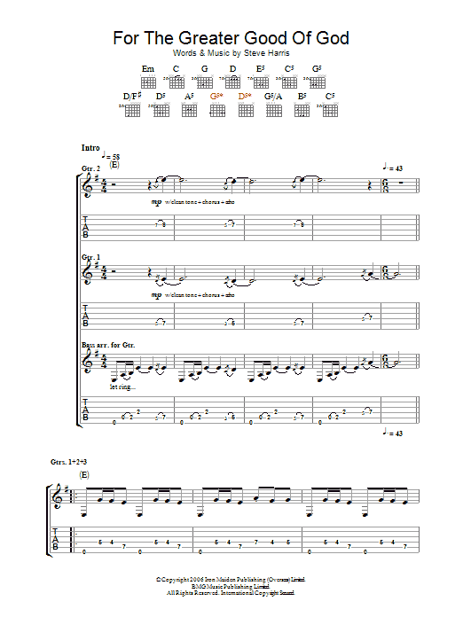 Iron Maiden For The Greater Good Of God sheet music notes and chords arranged for Bass Guitar Tab