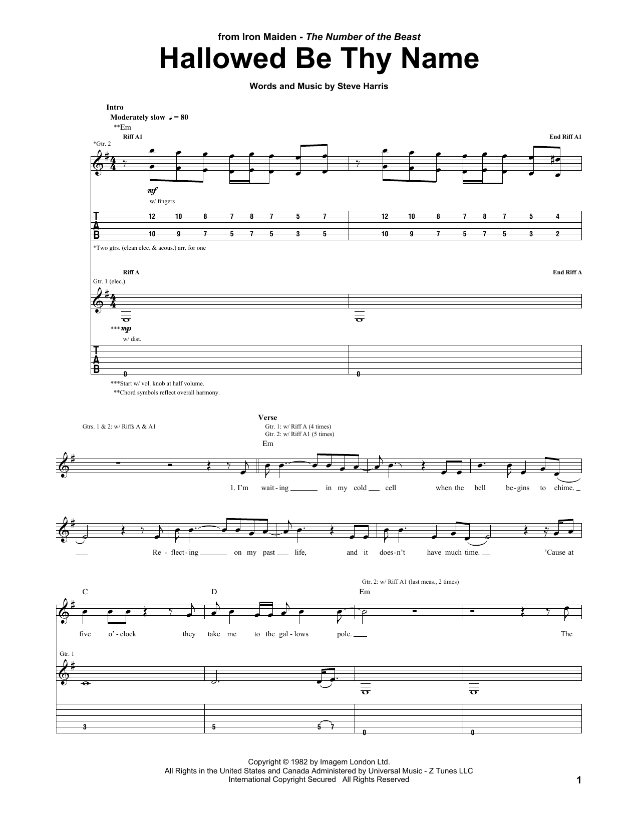 Iron Maiden Hallowed Be Thy Name sheet music notes and chords arranged for Guitar Chords/Lyrics