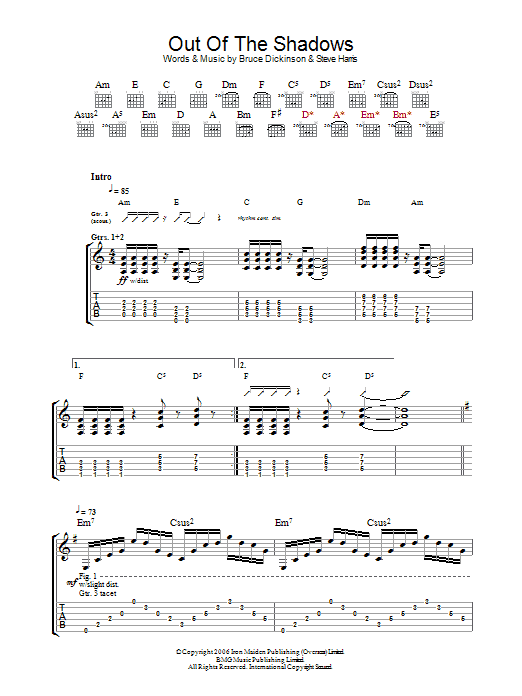 Iron Maiden Out Of The Shadows sheet music notes and chords arranged for Guitar Tab