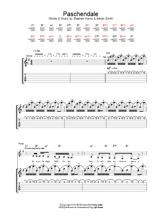 Iron Maiden Paschendale sheet music notes and chords arranged for Guitar Tab