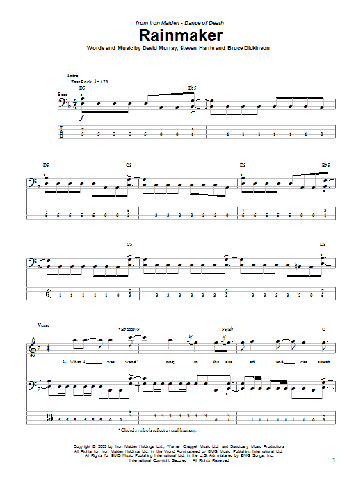 Iron Maiden Rainmaker sheet music notes and chords arranged for Bass Guitar Tab