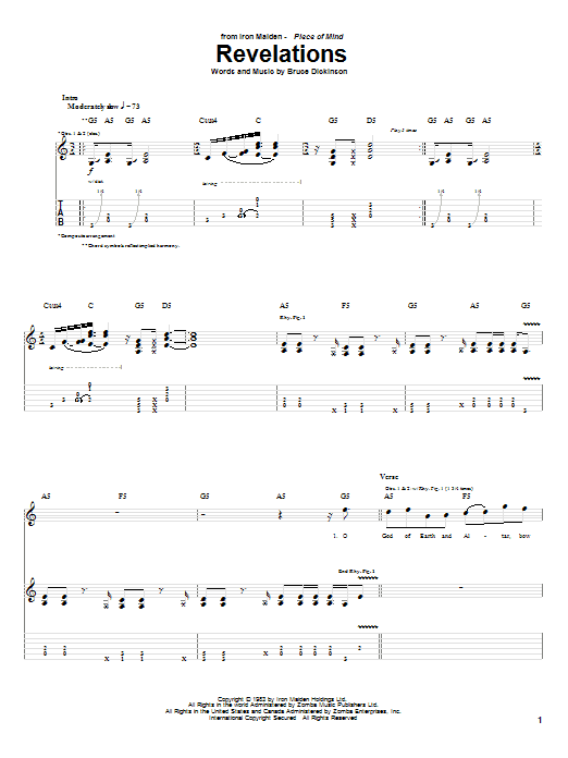 Iron Maiden Revelations sheet music notes and chords arranged for Bass Guitar Tab