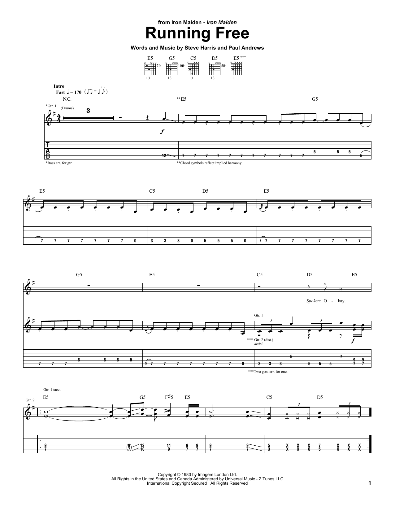 Iron Maiden Running Free sheet music notes and chords arranged for Guitar Tab (Single Guitar)