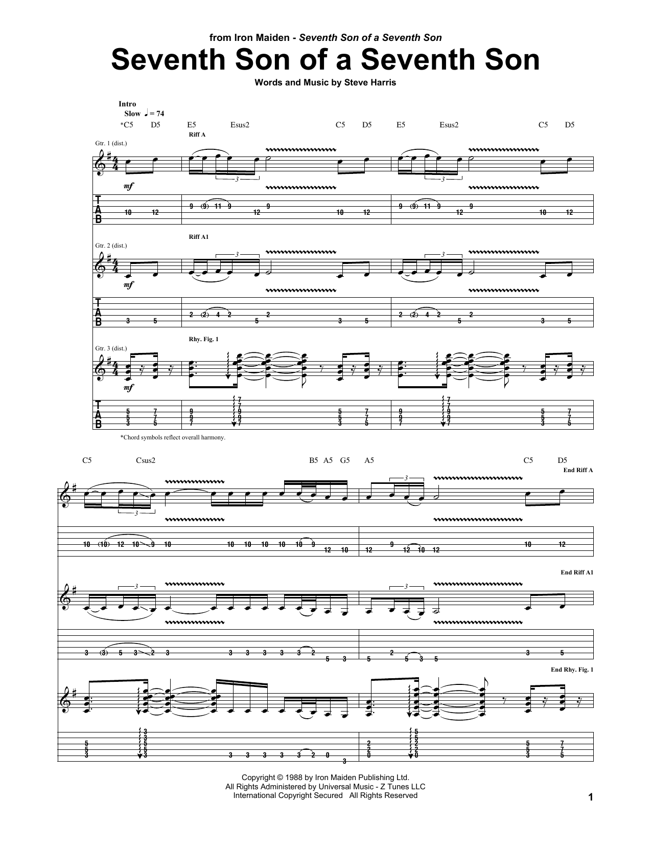 Iron Maiden Seventh Son Of A Seventh Son sheet music notes and chords arranged for Guitar Tab