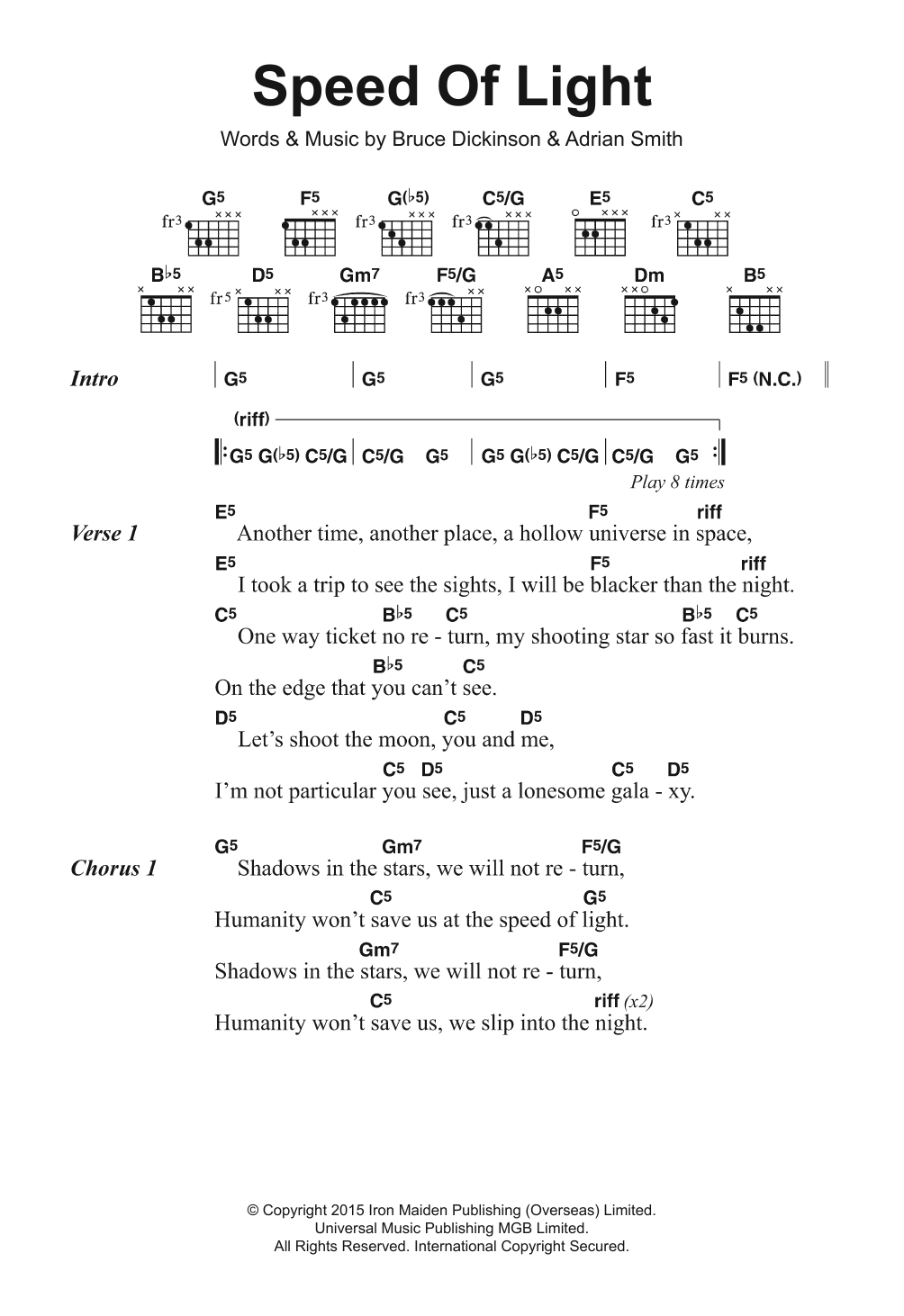 Iron Maiden Speed Of Light sheet music notes and chords arranged for Guitar Chords/Lyrics