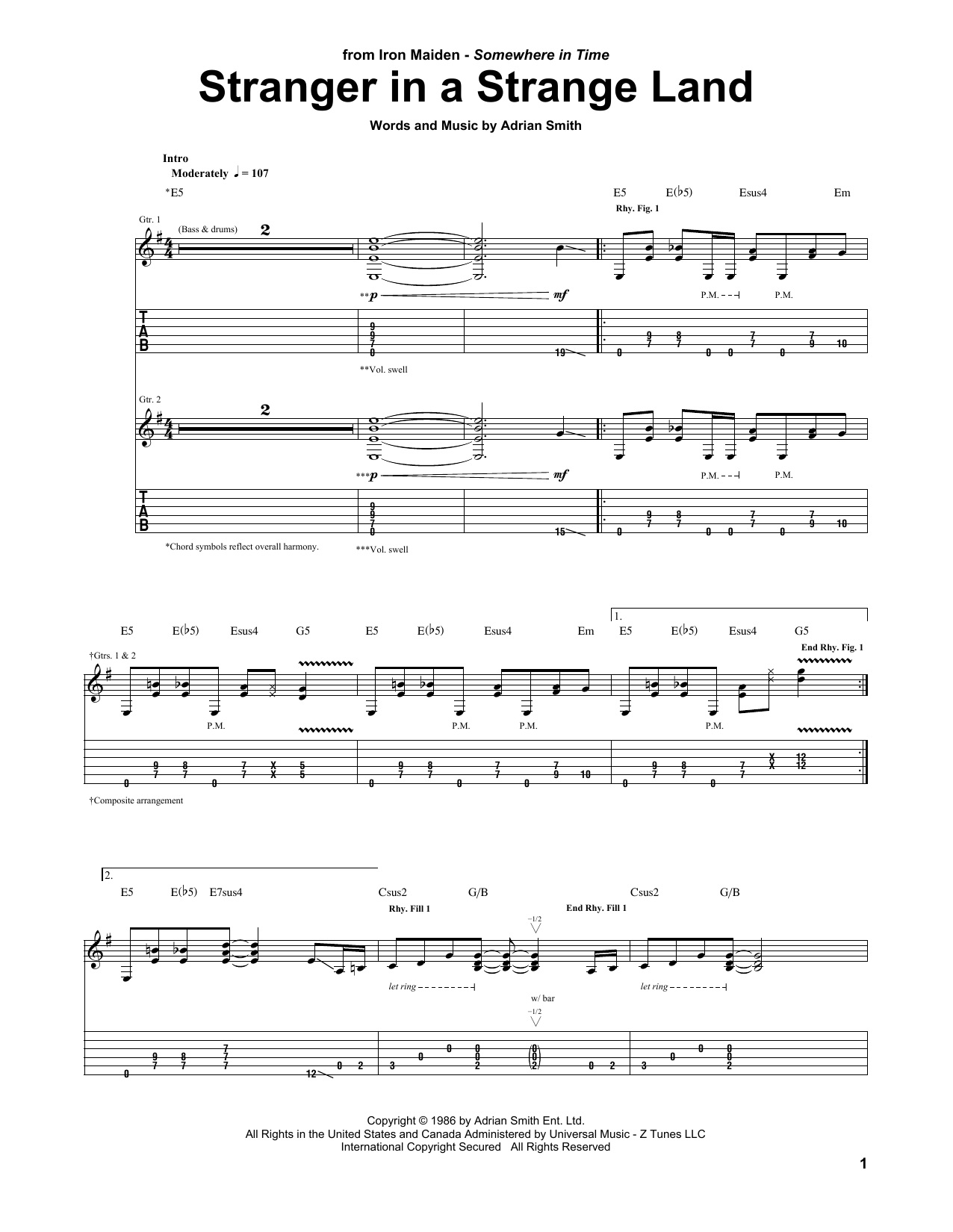 Iron Maiden Stranger In A Strange Land sheet music notes and chords arranged for Guitar Tab