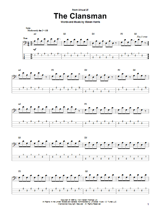 Iron Maiden The Clansman sheet music notes and chords arranged for Bass Guitar Tab