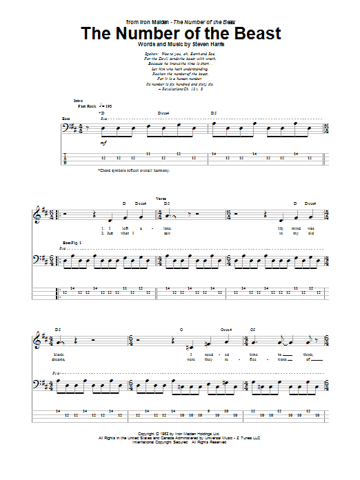 Iron Maiden The Number Of The Beast sheet music notes and chords arranged for Bass Guitar Tab