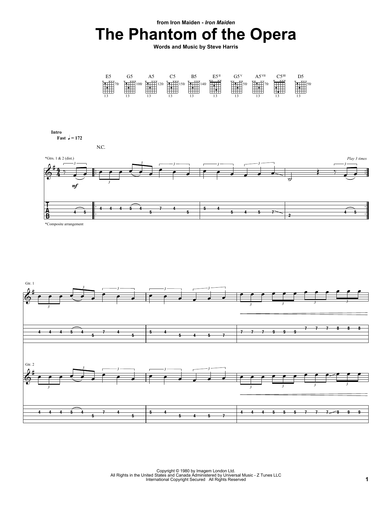 Iron Maiden The Phantom Of The Opera sheet music notes and chords arranged for Guitar Tab