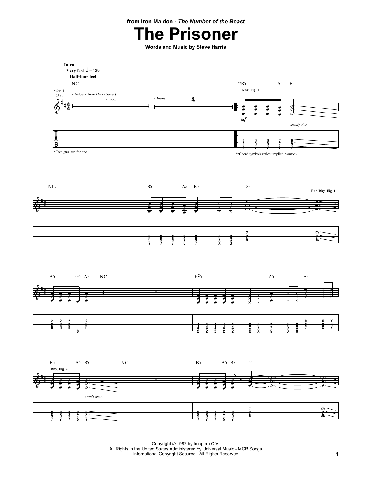Iron Maiden The Prisoner sheet music notes and chords arranged for Guitar Tab