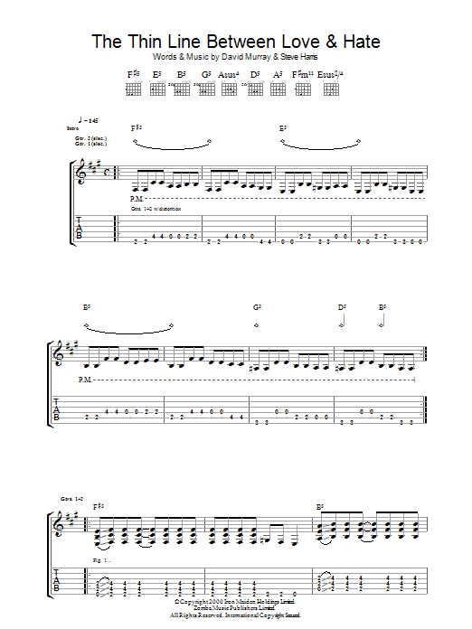Iron Maiden The Thin Line Between Love And Hate sheet music notes and chords arranged for Guitar Tab