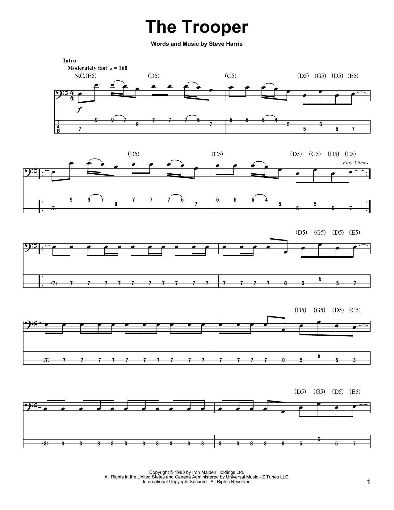 Iron Maiden The Trooper sheet music notes and chords arranged for Guitar Tab (Single Guitar)