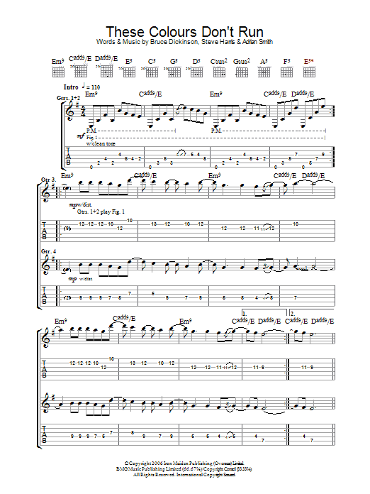 Iron Maiden These Colours Don't Run sheet music notes and chords arranged for Guitar Tab