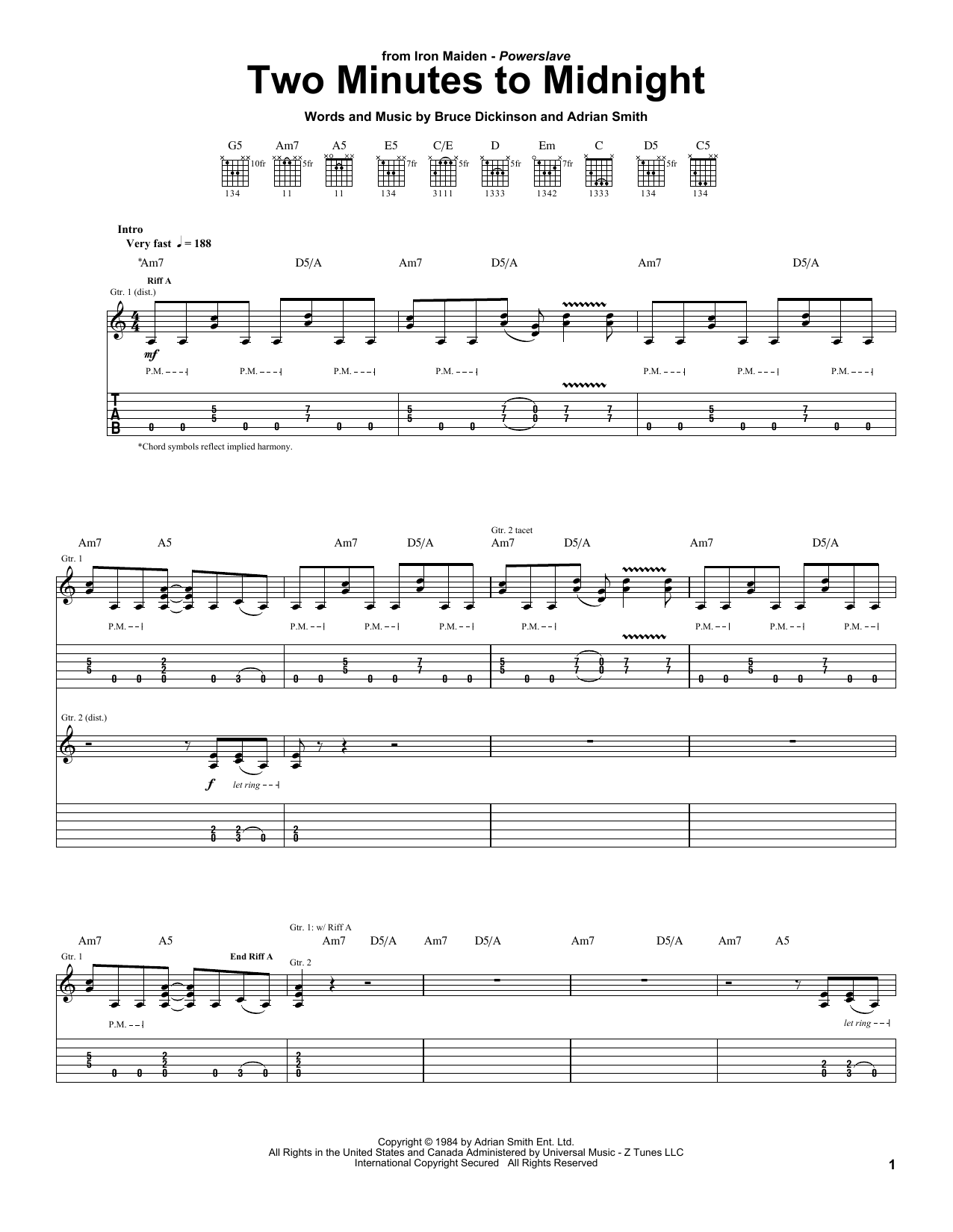 Iron Maiden Two Minutes To Midnight sheet music notes and chords arranged for Bass Guitar Tab