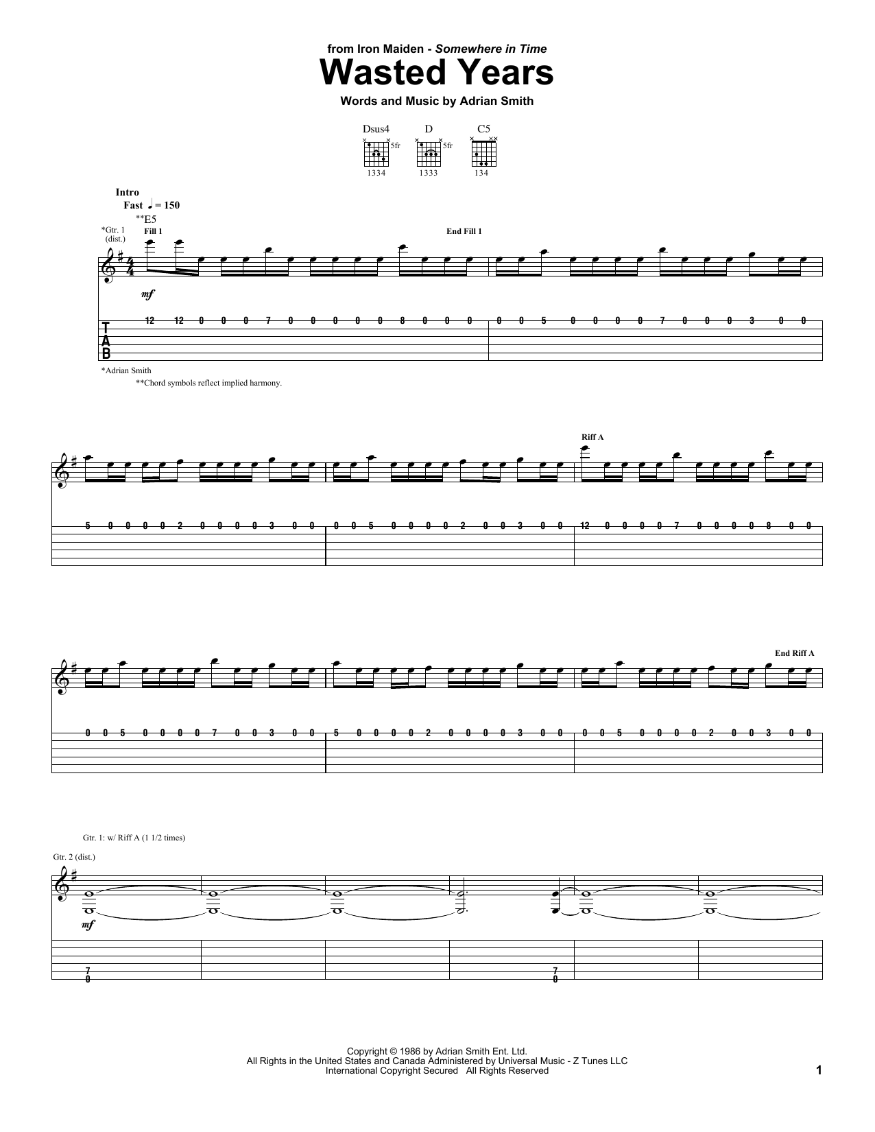 Iron Maiden Wasted Years sheet music notes and chords arranged for Bass Guitar Tab
