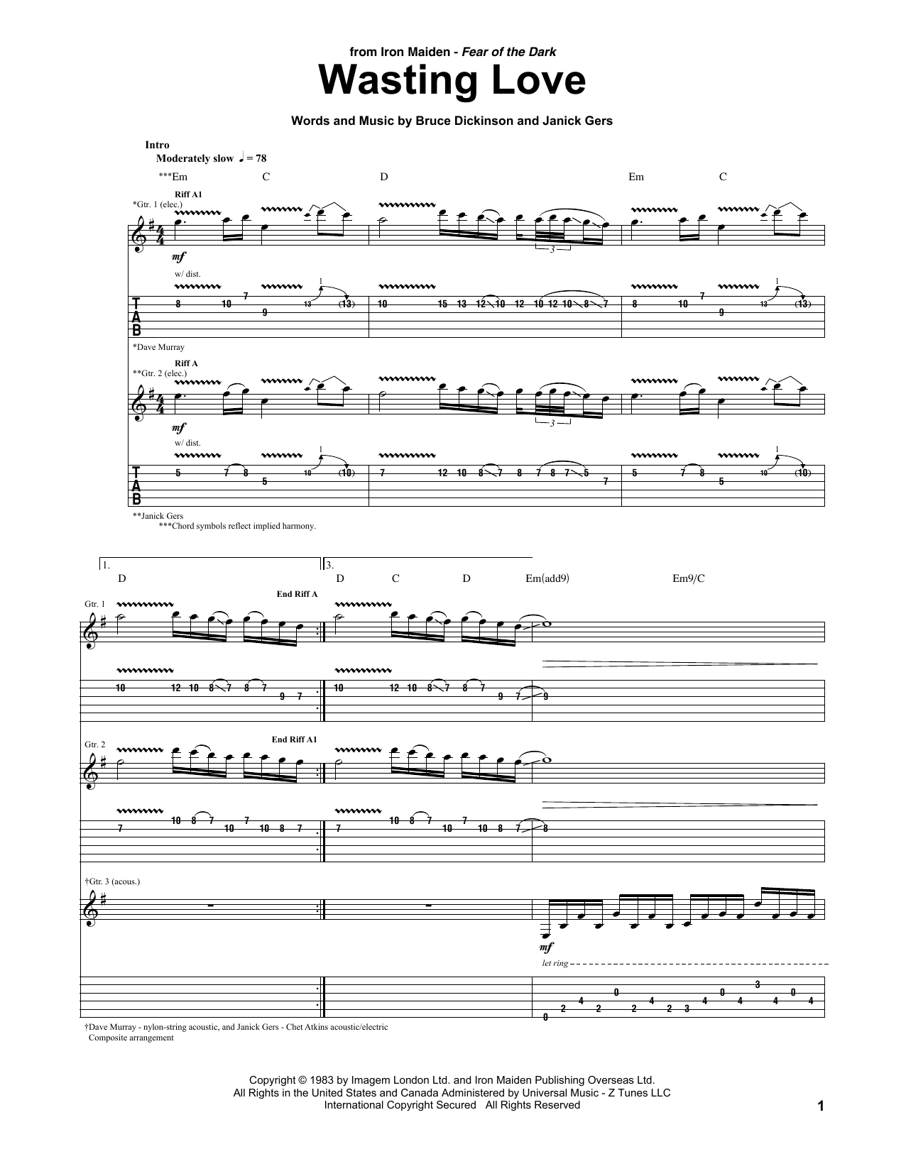 Iron Maiden Wasting Love sheet music notes and chords arranged for Guitar Tab