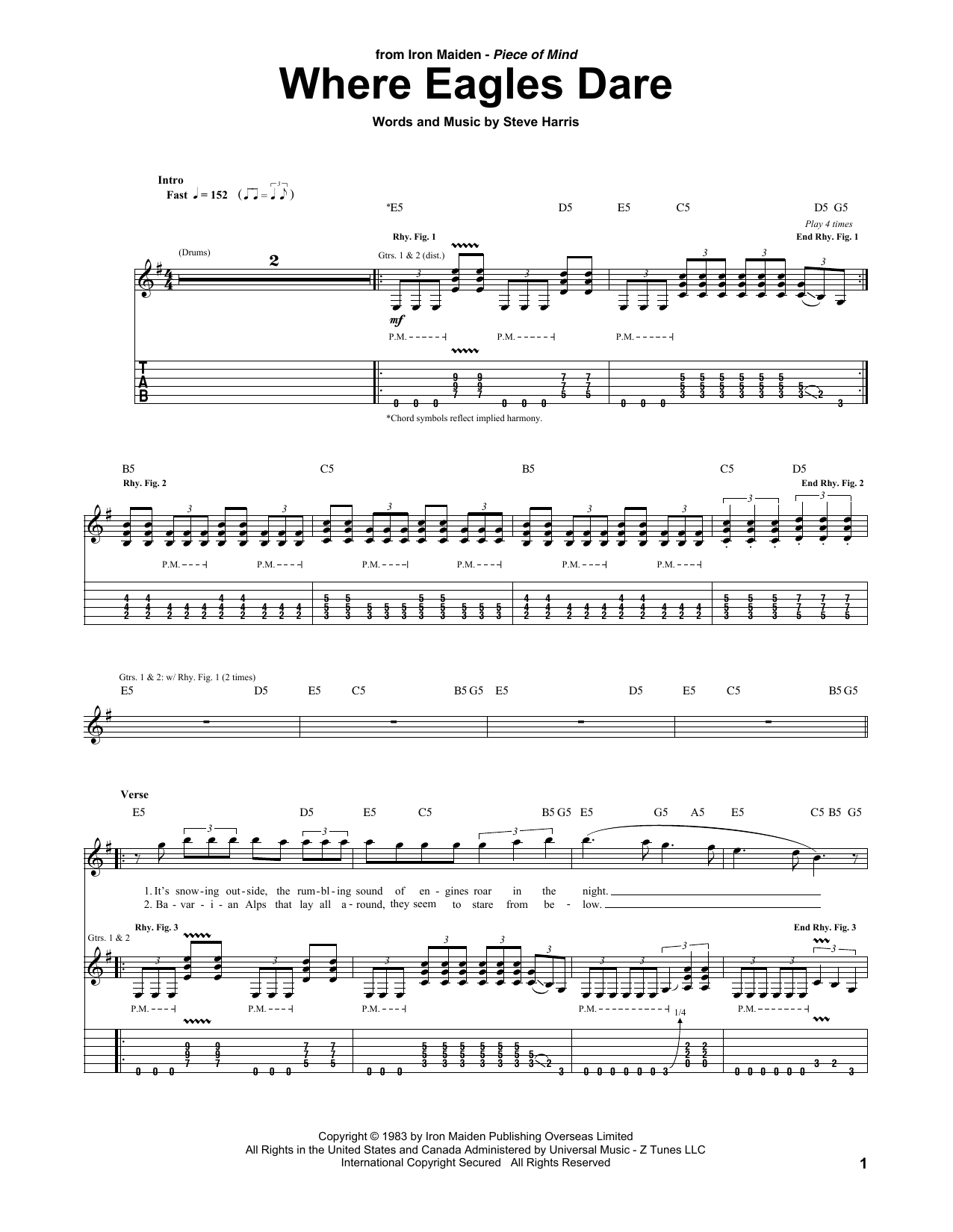 Iron Maiden Where Eagles Dare sheet music notes and chords arranged for Guitar Tab