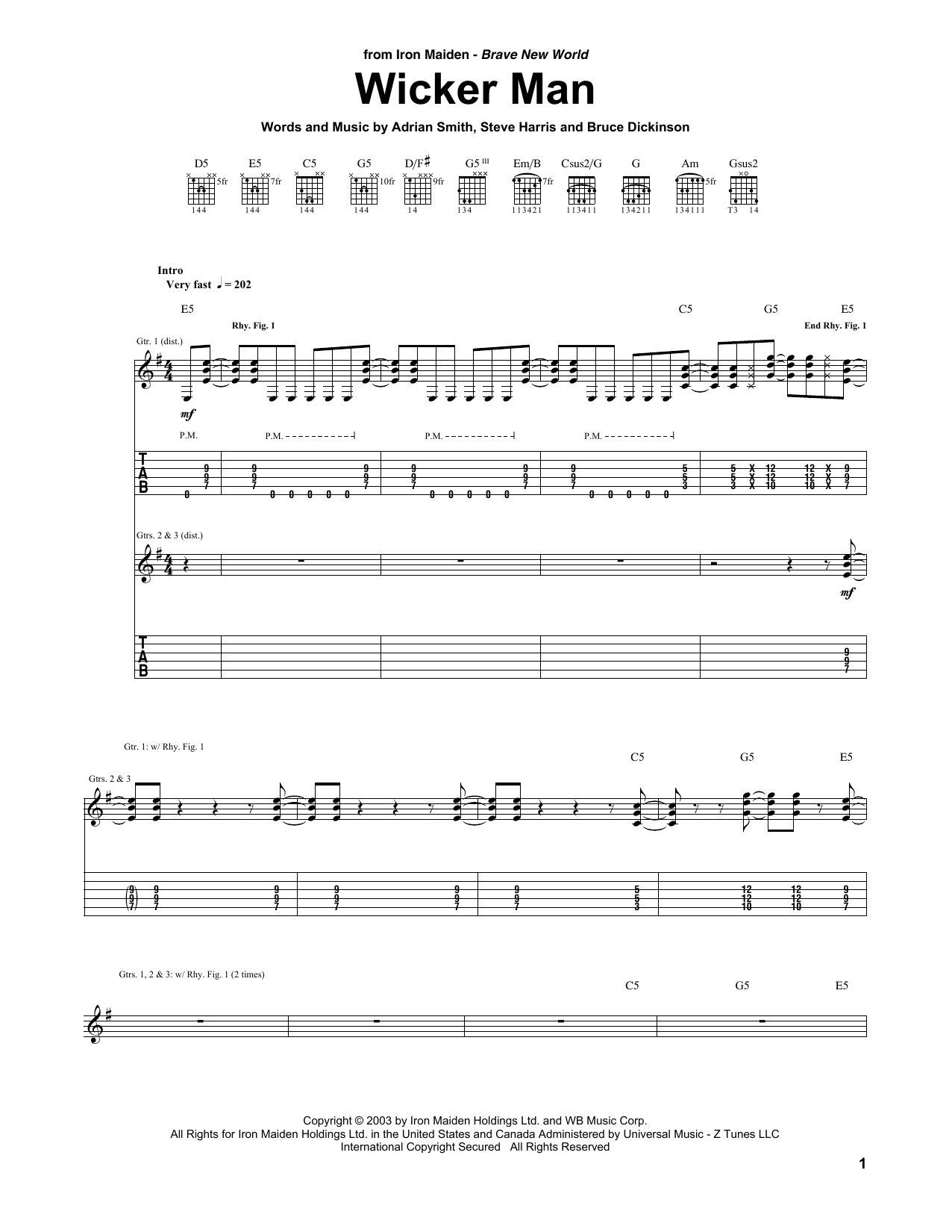 Iron Maiden Wicker Man sheet music notes and chords arranged for Guitar Tab