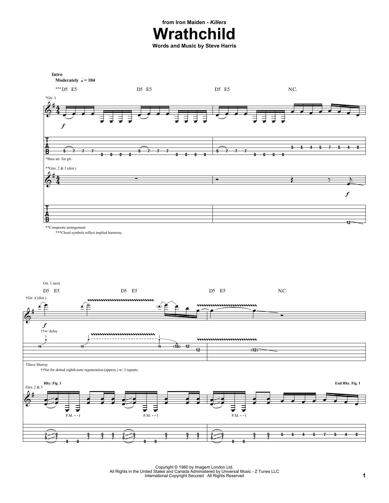 Iron Maiden Wrathchild sheet music notes and chords arranged for Bass Guitar Tab