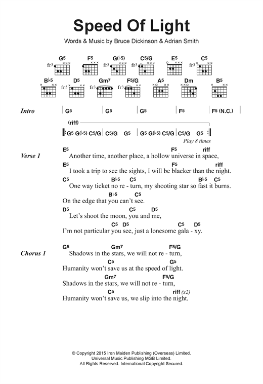 Iron Maiden Speed Of Light sheet music notes and chords arranged for Guitar Chords/Lyrics