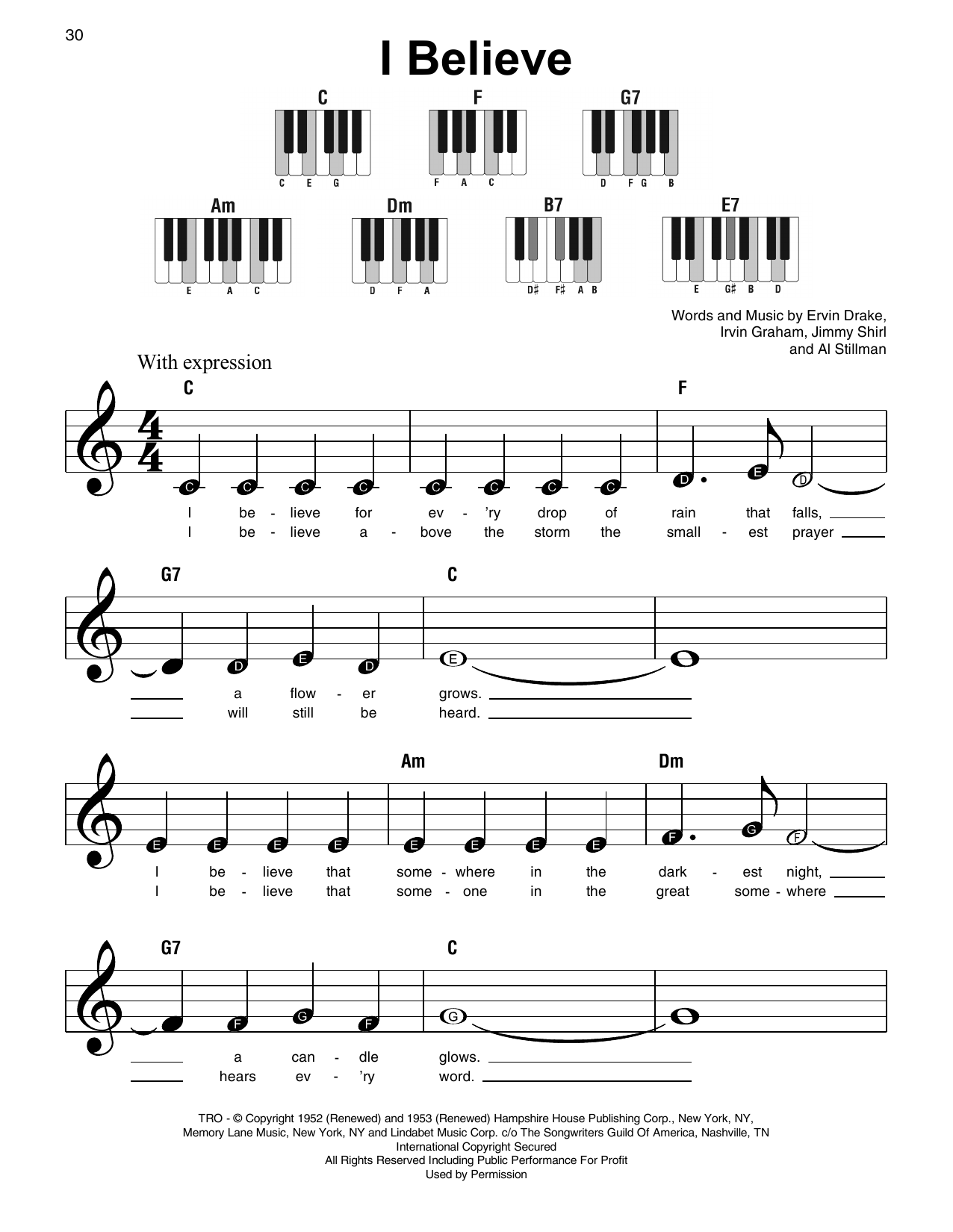 Irvin Graham I Believe sheet music notes and chords arranged for Super Easy Piano