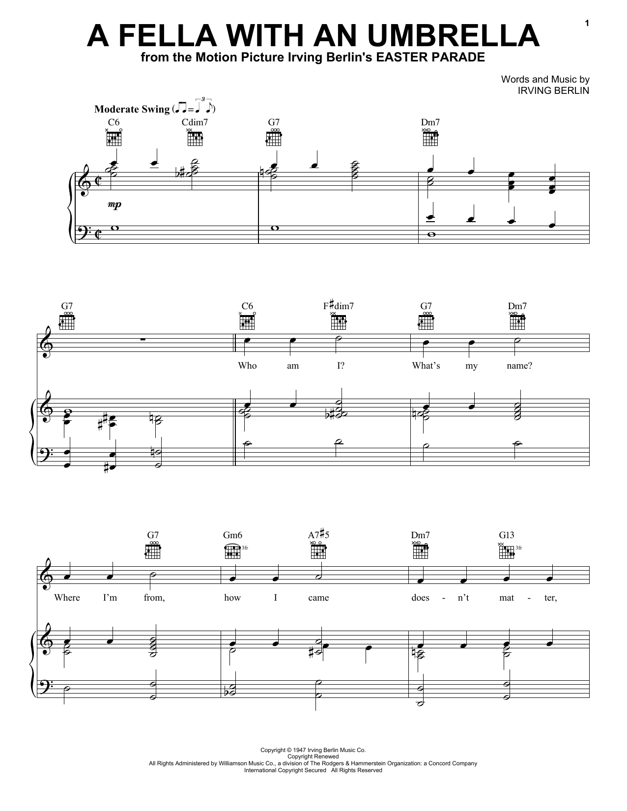Irving Berlin A Fella With An Umbrella (from Easter Parade) sheet music notes and chords arranged for Piano, Vocal & Guitar Chords (Right-Hand Melody)