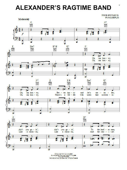 Irving Berlin Alexander's Ragtime Band sheet music notes and chords arranged for Piano, Vocal & Guitar Chords (Right-Hand Melody)