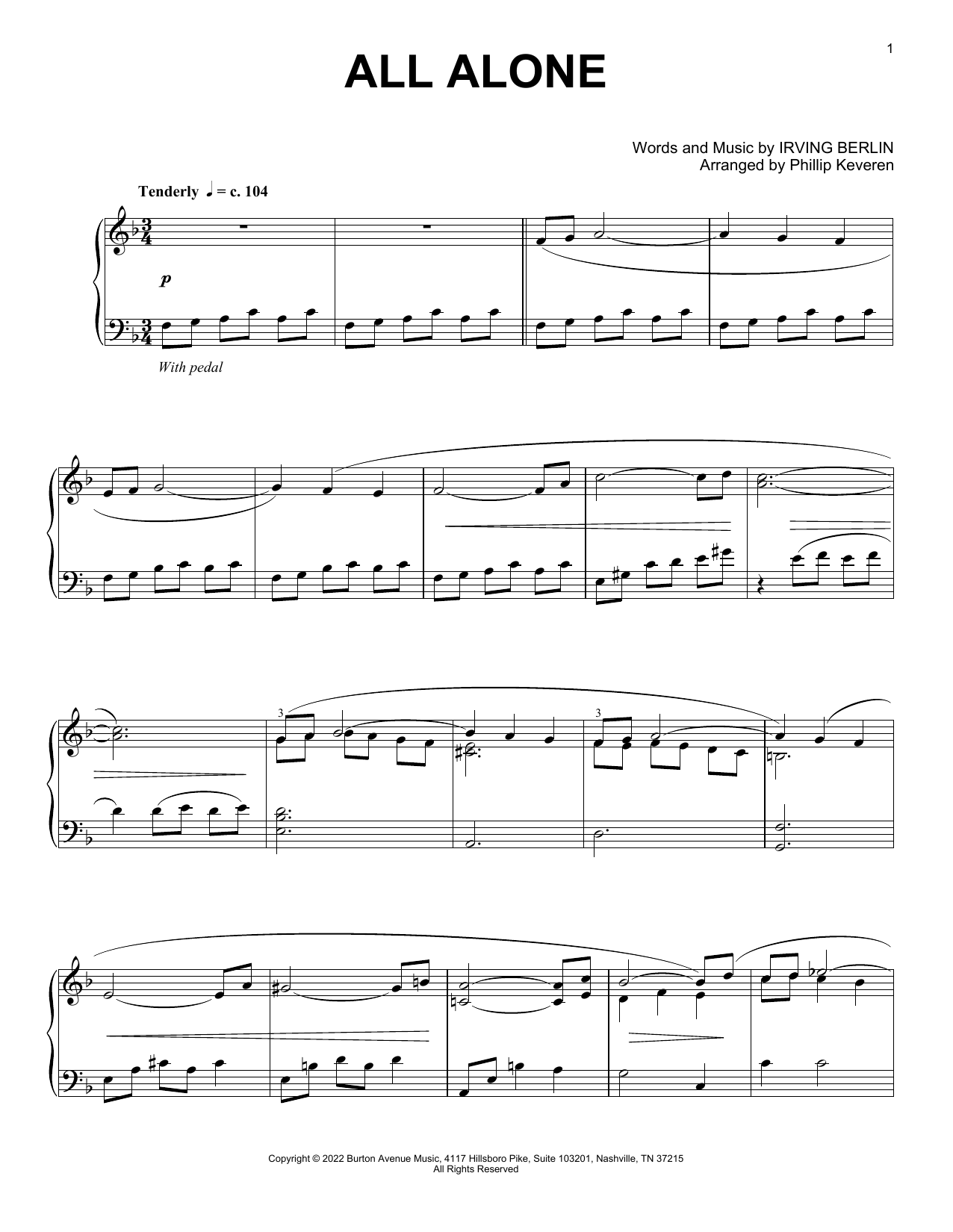 Irving Berlin All Alone (arr. Phillip Keveren) sheet music notes and chords arranged for Piano Solo